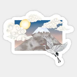 Japanese Crane and mountain sun set Sticker